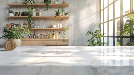 Empty kitchen island with marble surface in foreground, green vintage countertop with drawers and pendant lights hanging above. AI generated illustration