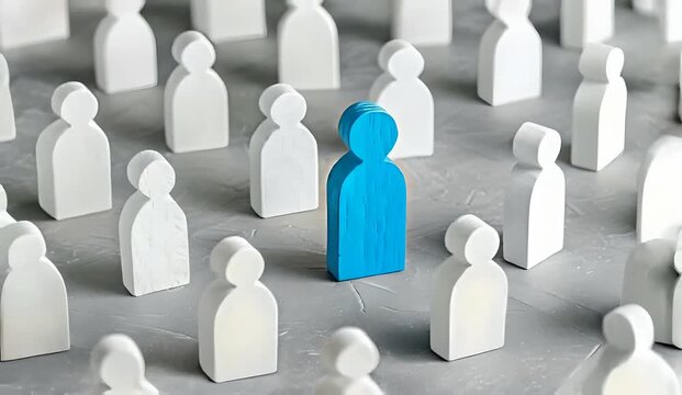 One blue wooden figure among white figures on a grey background, standout individual, recruitment focus, candidate distinction