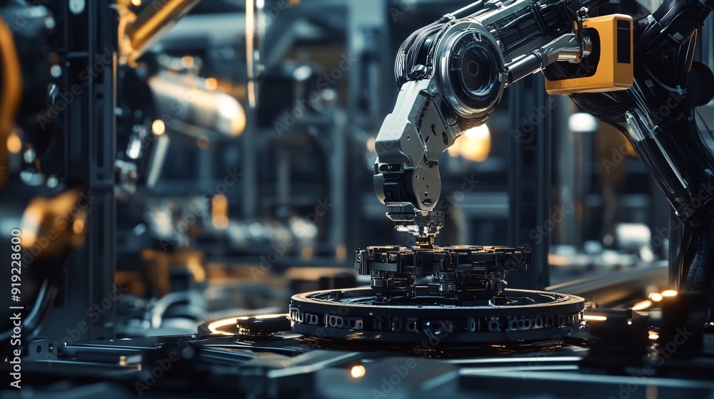 Poster precision engineering: robotic arm assembling advanced machinery in futuristic factory