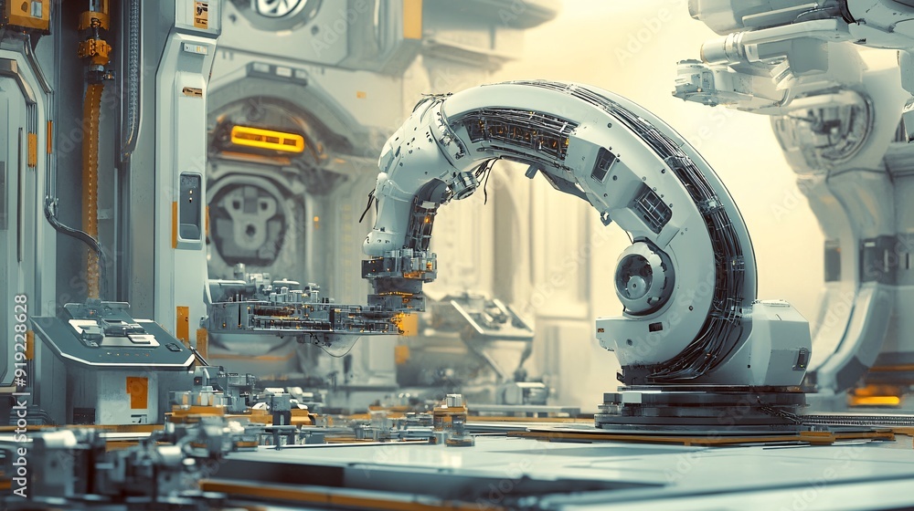 Poster precision automation: robotic arm assembling advanced machinery in futuristic factory