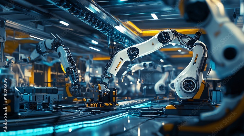 Poster precision engineering: robotic arm assembling advanced machinery in futuristic factory