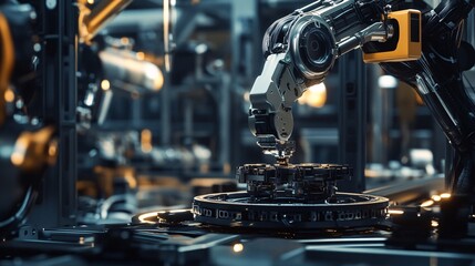 Precision Engineering: Robotic Arm Assembling Advanced Machinery in Futuristic Factory