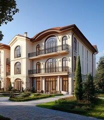 Fototapeta premium Luxury Villa Exterior With Stone Walls and Balconies