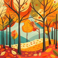 Autumn Forest Illustration with Colorful Trees and Falling Leaves