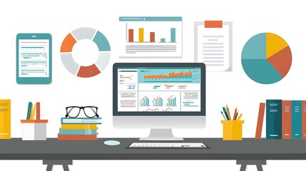 Desktop with Computer and Data Analytics Charts