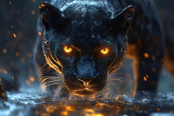 majestic black panther emerging from swirling darkness piercing yellow eyes glowing with bioluminescence sleek fur reflecting hints of starlight