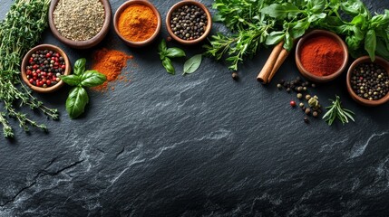 Spices, Herbs, and Cinnamon Sticks on a Black Slate Surface