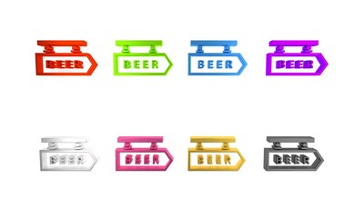 Colorful Street signboard with inscription Beer icon isolated on white background. Suitable for advertisements bar, cafe, pub, restaurant. Minimalism concept. 3D render illustration