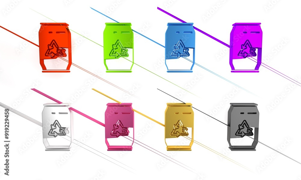 Poster colorful can with recycle symbol and can icon isolated on white background. trash can icon. garbage 
