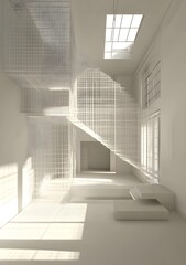 Fototapeta premium White Modern Minimalist Interior Design With Geometric Wire Mesh Staircase
