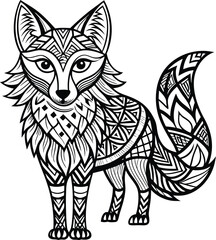 Obraz premium Tribal Fox Outline Art with Boho Patterns, Black and White High Detail, Thin Line Maximalist Design