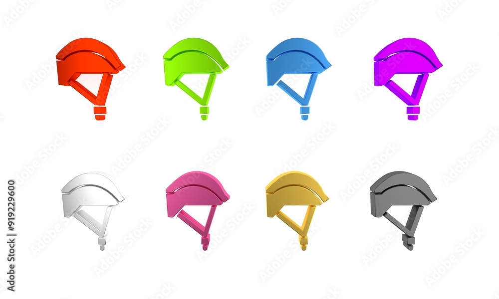 Sticker Colorful Bicycle helmet icon isolated on white background. Extreme sport. Sport equipment. Minimalism concept. 3D render illustration