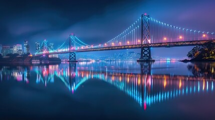 Fototapeta premium Low angle view of illuminated bridge at night. AI generated illustration