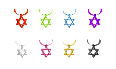 Obraz premium Colorful Star of David necklace on chain icon isolated on white background. Jewish religion symbol. Symbol of Israel. Jewellery and accessory. Minimalism concept. 3D render illustration
