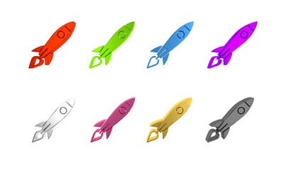 Colorful Rocket ship with fire icon isolated on white background. Space travel. Minimalism concept. 3D render illustration