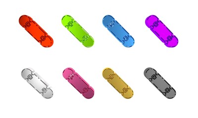 Colorful Skateboard icon isolated on white background. Extreme sport. Sport equipment. Minimalism concept. 3D render illustration