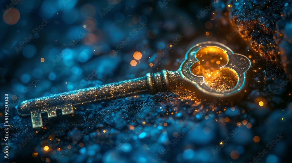 Poster a golden key resting on a bed of shimmering particles in a mystical setting