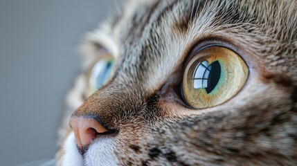 A close-up of a cat s eyes, reflecting the surroundings, with the fur detailed and the background softly blurred