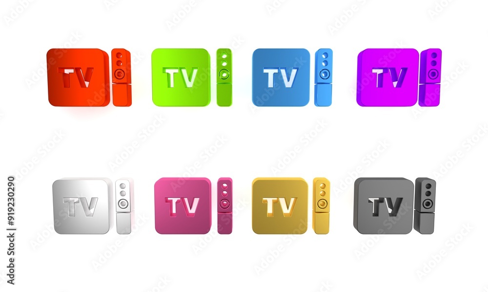 Poster colorful multimedia and tv box receiver and player with remote controller icon isolated on white bac