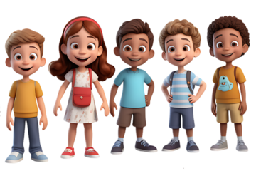 cheerful 3D render of a group of little cartoon children tansparent Background