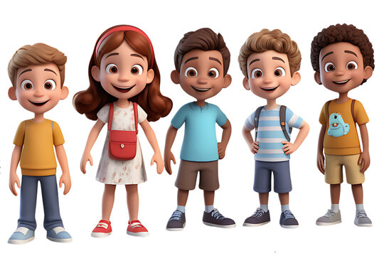 cheerful 3D render of a group of little cartoon children tansparent Background