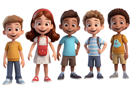 cheerful 3D render of a group of little cartoon children tansparent Background