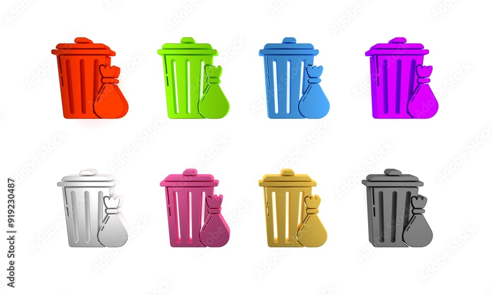 Poster colorful trash can and garbage bag icon isolated on white background. garbage bin sign. recycle bask