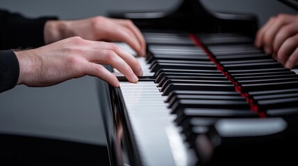 Obraz premium A close-up of a musician s hands playing a grand piano, with the glossy black and white keys reflecting the soft light of a dimly lit room
