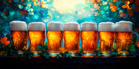 A vibrant lineup of beer glasses, each brimming with golden beer and frothy tops, set against an enchanting floral backdrop. This picturesque setting is perfect for beer garden promotions, 
