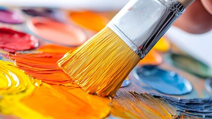 Fototapeta premium A close-up of a painter s brush mixing vibrant colors on a palette, with the textures of the paint and canvas visible in the background