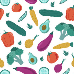 Seamless Pattern with vegetables. Vector illustration isolated on white background. Restaurant, menu, farm, grocery store. Vegan and healthy lifestyle.