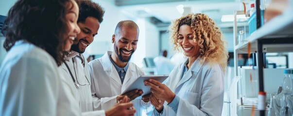 A team of scientists discussing results on a digital tablet in a high-tech laboratory