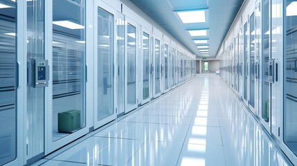 A modern, clean hallway in a data center featuring glass doors and bright fluorescent lighting.