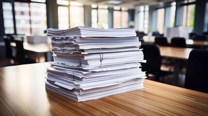 A stack of papers on a modern office desk, illustrating the busy workspace and paperwork management in a professional setting.