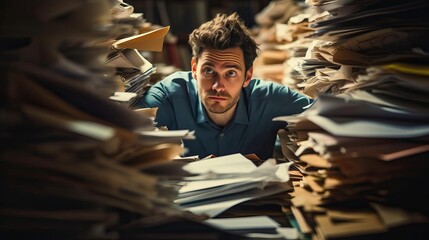 A young man looks overwhelmed by a mountain of paperwork, highlighting stress and clutter in an office environment.