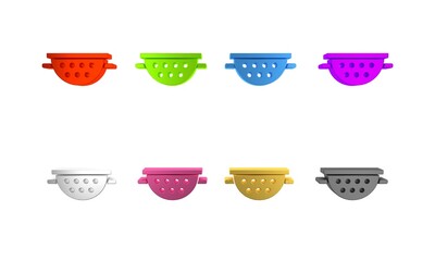 Colorful Kitchen colander icon isolated on white background. Cooking utensil. Cutlery sign. Minimalism concept. 3D render illustration