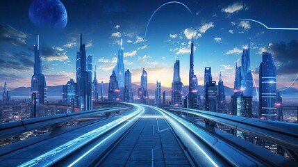 Fototapeta premium Futuristic city skyline with glowing skyscrapers and a sleek road under a twilight sky, evoking a sense of advanced technology.