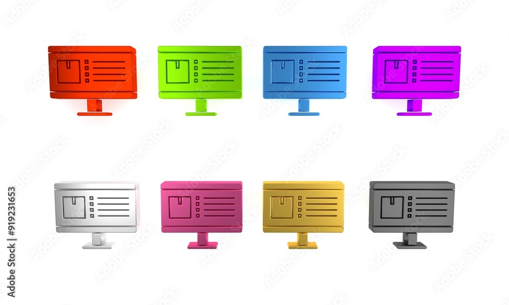 Poster colorful computer monitor with app delivery tracking icon isolated on white background. parcel track