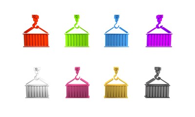 Colorful Container on crane icon isolated on white background. Crane lifts a container with cargo. Minimalism concept. 3D render illustration