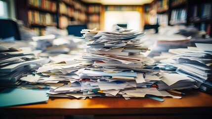 A cluttered desk covered with stacks of paperwork, representing disorganization and the challenges of managing documents.