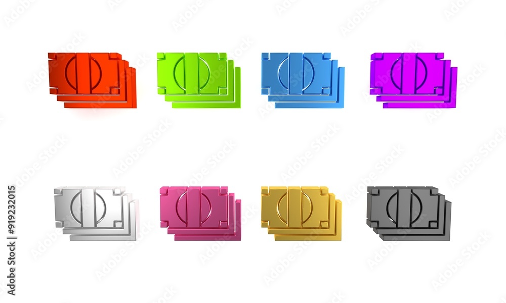 Sticker Colorful Stacks paper money cash icon isolated on white background. Money banknotes stacks. Bill currency. Minimalism concept. 3D render illustration