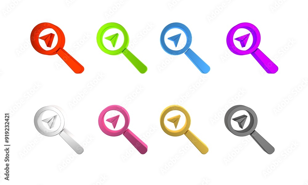 Poster colorful search location icon isolated on white background. magnifying glass with pointer sign. mini