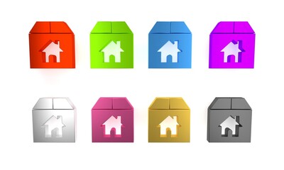 Colorful Cardboard box with house symbol icon isolated on white background. Box, package, parcel sign. Delivery, transportation and shipping. Minimalism concept. 3D render illustration