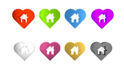 Colorful House with heart shape icon isolated on white background. Love home symbol. Family, real estate and realty. Minimalism concept. 3D render illustration