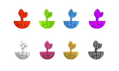 Colorful Earth globe and leaf icon isolated on white background. World or Earth sign. Geometric shapes. Environmental concept. Minimalism concept. 3D render illustration