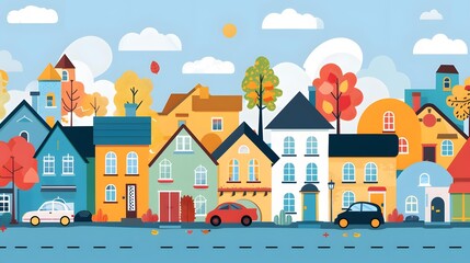 Colorful Autumn Illustration of a Small Town with Houses