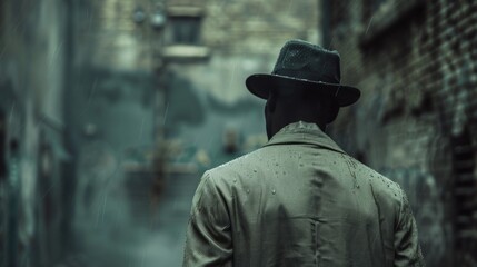 Fototapeta premium A mysterious figure walks through a foggy alley lined with brick walls in an urban setting