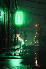 Obraz premium A bright neon green sign glowing in a dark, rainy street. 