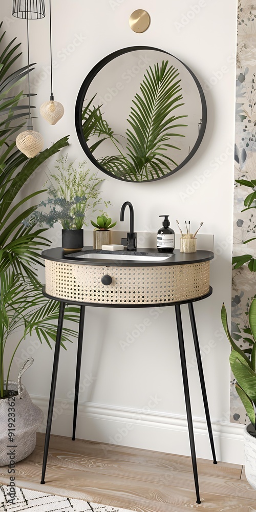 Wall mural modern bathroom vanity with rattan drawer