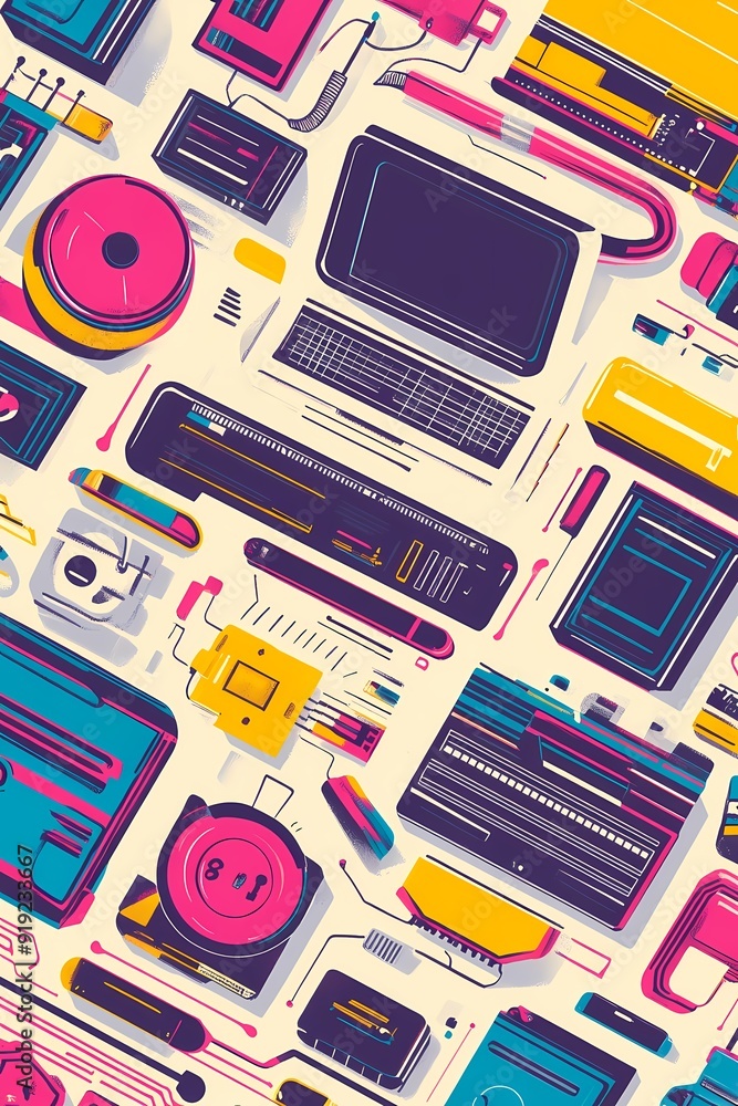 Aufkleber a retro futuristic design with a colorful array of electronics including computers, keyboards, speak